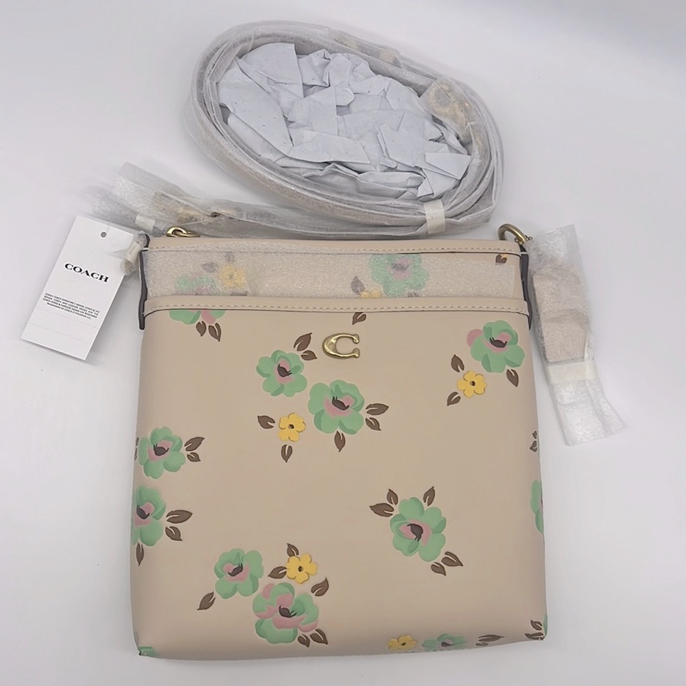 Coach Kitt Messenger Crossbody With Floral Print Brass/Ivory Multi - Picture 1 of 16